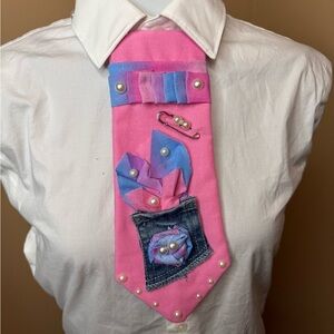 Pink Statement Necktie with Denim Pocket & Pearl Accents